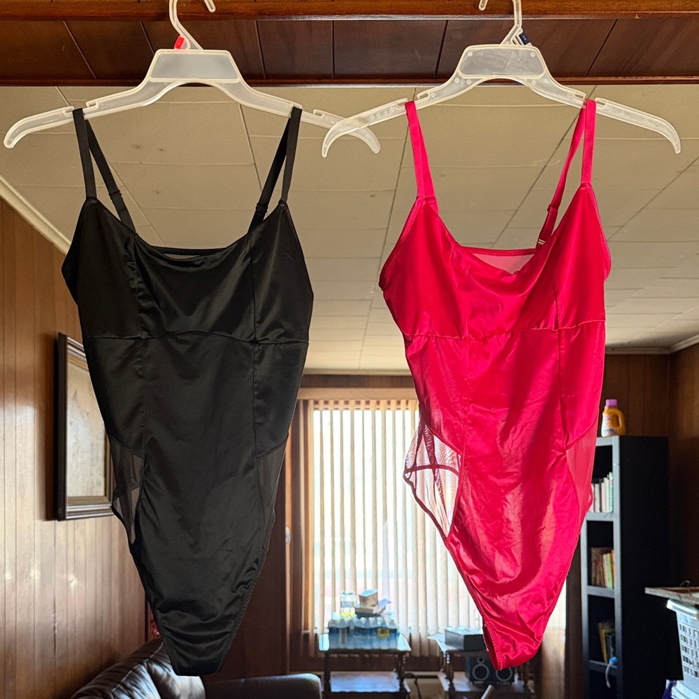 Bundle! Women’s Satin & Mesh Thong Bodysuit - Black and Hot Pink
